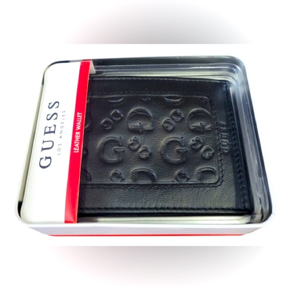GUESS Embossed Black genuine Leather wallet black new in Guess metal gift box